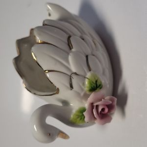 Swan porcelain figurine decor  made in Japan swan with roses